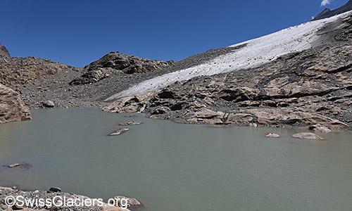 Südlicher Gletschersee und Gletscherzunge des Chaltwassergletschers am 11.7.2022.