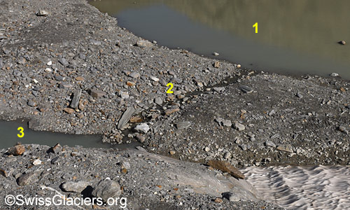 Entwässerung des nördlichen in den südlichen Gletschersee am 8.8.2025.