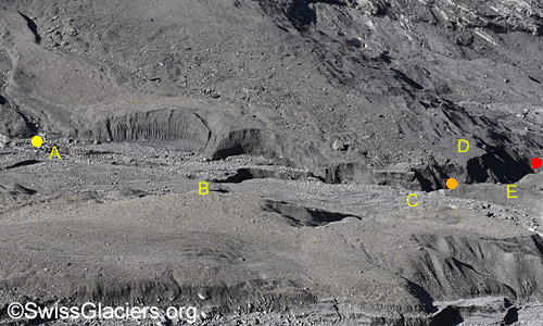Der neu entstandene Erosionsgraben im Überblick. Flussrichtung des Wassers: Von links nach rechts. Foto vom 7. September 2024.