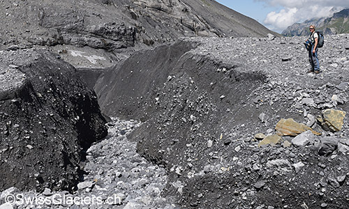 Östlicher Erosionsgraben: Durch diesen Erosionsgraben floss bis vor 1-2 Jahren ein Teil des Schmelzwassers ab.