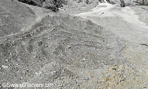 Kreisförmige Strukturen auf der Eisfläche hinter der Eisfront des Hohlichtgletschers am 22.7.2019.