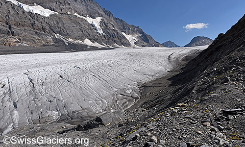 Blick über den Kanderfirn Richtung Mutthorn. Situation am 11.8.2022.