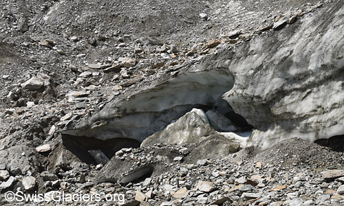 Zerfallserscheinungen an der Gletscherzunge am 17. Juli 2023.