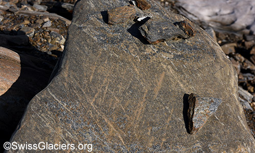 Felsblock mit Kritzungen unterschiedlicher Richtung.