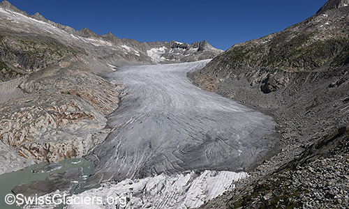 Weitgehend ausgeaperter Rhonegletscher am 8.7.2022.