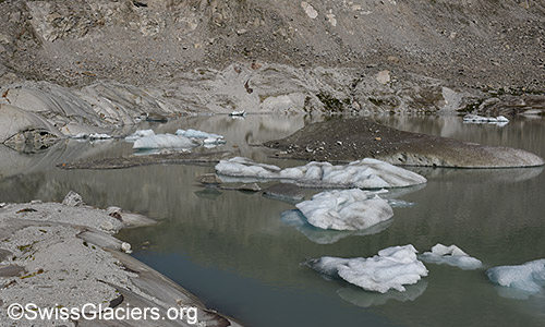 Eisschollen auf dem Gletschersee vor dem Rhonegletscher am 8.7.2022.