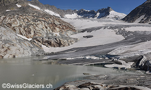 Abgeflachte Gletscherzunge des Rhonegletschers am 5.7.2019.