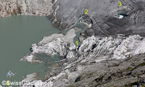 Rhonegletscher: Übergang See - Gletscher am 7.7.2023.