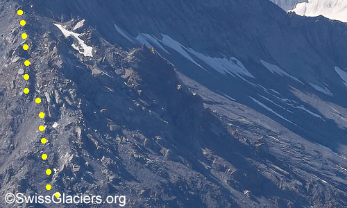 Ausschnitt aus dem obersten Teil des Rutschungsgebiets Spitze Stei. Foto vom 23. August 2024.