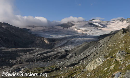 Schwarzberggletscher von der nördlichen Seitenmoräne. Foto vom 27. August 2024.