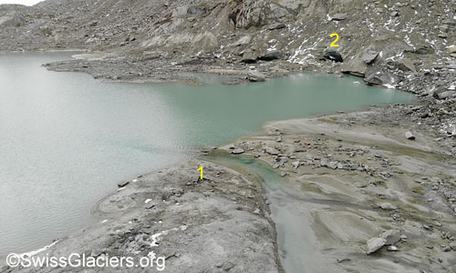 Schwemmebene, Delta, proglazialer See und Höhlen im Toteis am 9. August 2023.