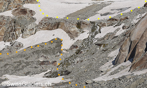 Tiefengletscher: Übergang Gletscherzunge zum Toteiskegel am 4.8.2019.