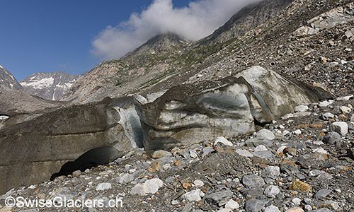 Westlicher Rest des Toteiskegels vor dem Unteraargletscher am 10.7.2019.