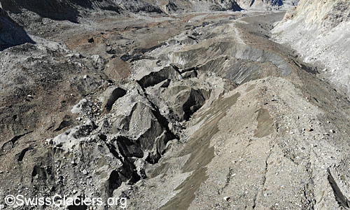 Zerfallserscheinungen im Unteraargletscher am 19. September 2025.