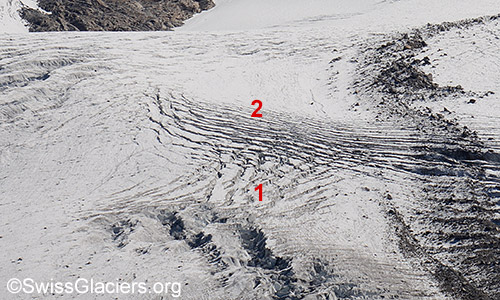 Longitudinal crevasses (1) and transverse crevasses (2) on Gornergletscher. Photo taken on 13.9.2019.